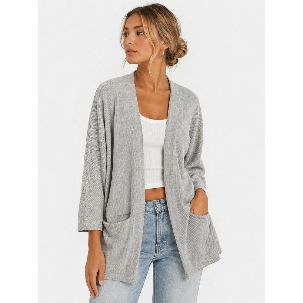 DONNI Gray Ribbed Sandwash Open Front Cardigan Sweater One Size OSFA Pockets